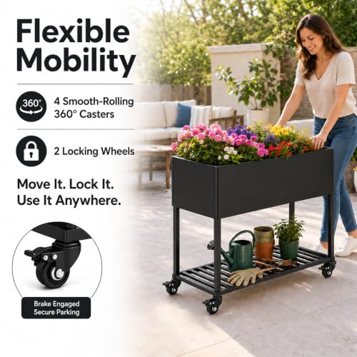 Raised Garden Bed with Wheels, 38" Metal Raised Planter Box with Legs