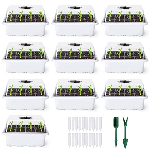 Delxo 10 Pack Seed Starter Kit with Humidity Domes - 120 Cells Seedling Trays with Adjustable Vents & Base - Reusable Plant Germination Trays for Seed Starting - Includes Plant Tags & Garden Tools - size: 12 Cell