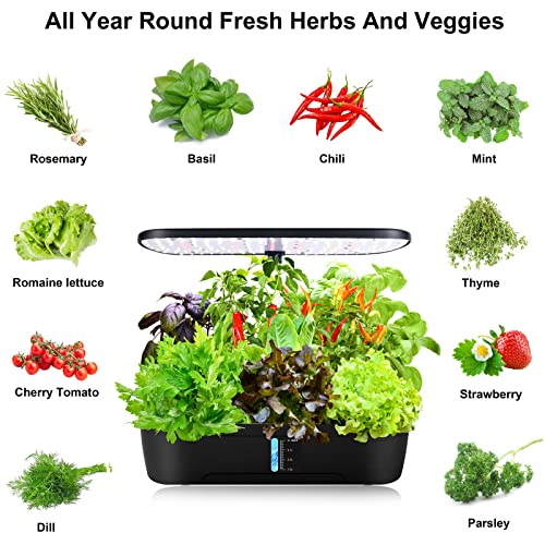 Hydroponics Growing System Kit 12 Pods Indoor Herb Garden with Grow Light - color: Black