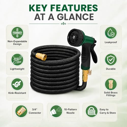 Black Non Expandable Garden Hose 50ft with 10 Function Nozzle, Lightweight 50 ft Water Hose for Yard, Lawn, Camping - color: Blcak, size: 50FT