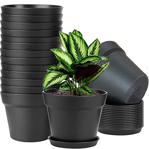 WOUSIWER 16 Pack 6 inch Plastic Planters for Indoor Flower Pots, Heavy Duty and Stylish 6 Inch Plant Pots for Indoor Plants with Drainage Holes and Tray for Plants, Flowers, Black - color: Black