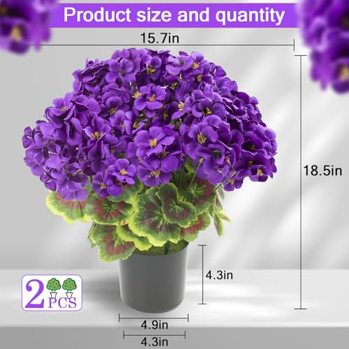 lovemoon 2 Pcs Geranium Potted Artificial Flowers, Purple, 19" - color: Purple