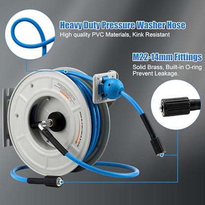FIXFANS Pressure Washer Hose Reel with Hose, 1/4" × 60ft, Retractable - size: 60 FT