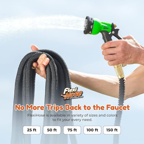 Flexi Hose with 8 Function Nozzle, 100FT - Lightweight Expandable Garden Hose, No-Kink Flexibility, 3/4 Inch Solid Brass Fittings and Double Latex Core - size: 100ft