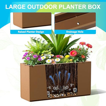 FENCY Large Metal Rectangle Planter Box for Outside - color: Brown, size: 32" L x 10" W x 16.3" H