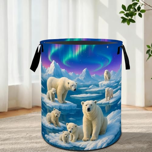 Polar Bear Laundry Basket with Handles,Arctic Wildlife Northern Light Round Waterproof Clothes Storage Baskets,Collapsible Bin for Bedroom Bathroom Dorm Gifts Fantasy Decor 19.7x15.7 Inch - color: Polar Bear