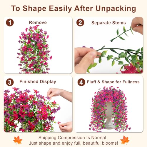 Artificial Hanging Flowers for Outdoors, 4 PCS 688-Bloom UV Resistant Mums - color: Fuchsia Lightpurple