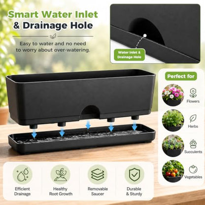 6 Pack Rectangle Planter 16x4.4 Inch Window Boxes Planters Rectangular Window Sill Planters Indoor Self Watering Plant Pots with Drainage Holes and Saucers Succulent Herb Flower Pots, Black - color: Black