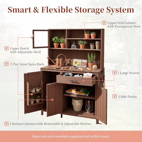 Potting Bench with Hutch, 65" H Solid Fir Wood Garden Workstation, Large Countertop, Patio Kitchen Island with Adjustable Shelves, Spice Rack, Side Hook and Drawer, Brown - size: Brown+1 Drawer
