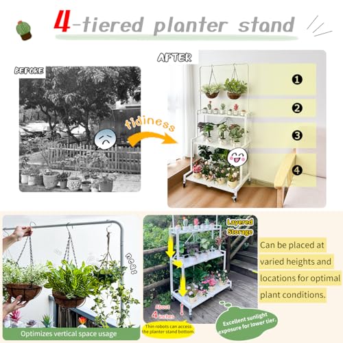 lumizone Foldable 4-Tier Plant Stand With Wheels Indoor Outdoor Black