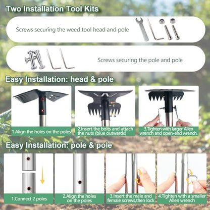 Larger Weed Puller Tool with Long Handle, 2-in-1 Heavy Duty Weed Rake & Hoe