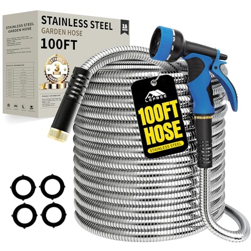 Lefree 100ft Metal Garden Hose with Upgraded Leak‑Proof Rubber Sleeve - color: Silver, size: 100FT