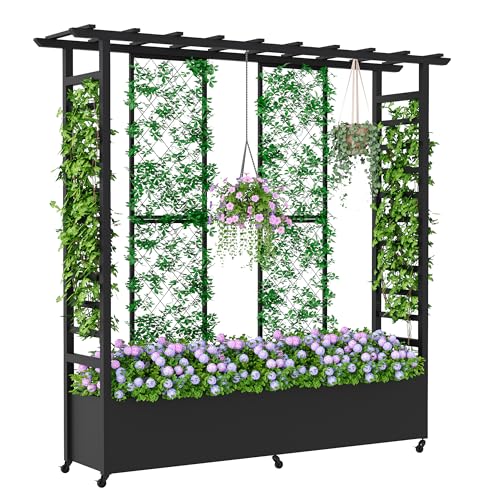 Raised Garden Bed with Trellis & Hanging Roof, Weatherproof Metal Planter Box with Wheels, Garden Arch Trellis for Outdoor Climbing Plants Vines Flowers, 74" H x 77" L x 17" W, Black - color: Black, size: 74" x 77"x 17"