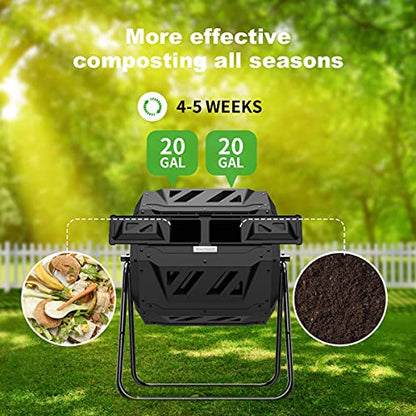 Compost Tumbler Bin Composter Dual Chamber 43 Gallon (Bundled with Pearson's Gardening Gloves) - color: Black