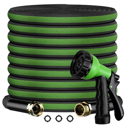 100FT Non-Expandable Flat Garden Hose with 10 Function Nozzle,No-Kink,Green - color: Green, size: 100FT