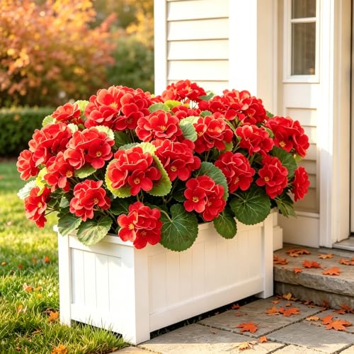 8 Bundles Artificial Geraniums, UV Resistant, Red - color: Red