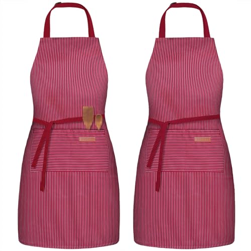 BeLuyi 2 Pack Adjustable Bib Apron with 2 Pockets Chef Cooking Kitchen Restaurant Aprons for Women Men - color: Wine Pinstripes