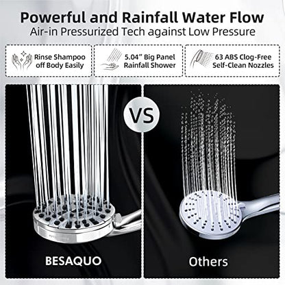 BESAQUO 9 Functions High Pressure Shower Head with Handheld,Built-in Pause Mode&Power Wash,Non-Clogging Nozzles,6ft Hose&Bracket