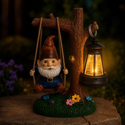 Solar Garden Gnome Statue with Hanging Lantern, Solar Powered Resin Gnome on Swing, 6.125 Inch Outdoor Garden Statue for Yard Lawn Patio Porch Flower Bed Decor - color: Swing Gnome