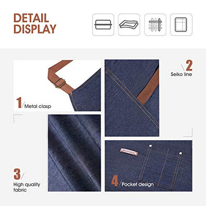 2 Packs Waist Denim Aprons for Restaurant Kitchen Women Waitress Denim Apron - color: Blue