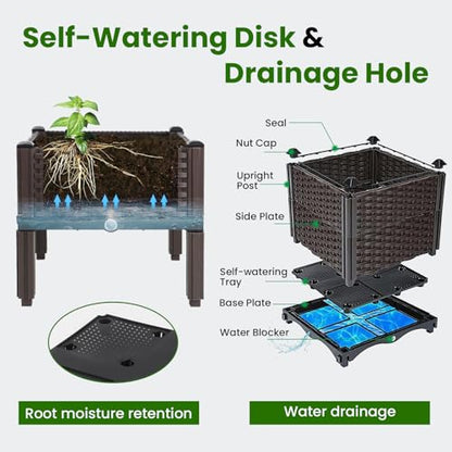 4Pcs Plastic Raised Garden Bed,62.4"×15.6"×14.4" Elevated Wicker Planter Box with Self-Watering System, Plants Garden Boxes with Legs for Growing Fresh Vegetables,Fruit,Flowers and Herbs - size: 4 Boxes-62.4×15.6×14.4in