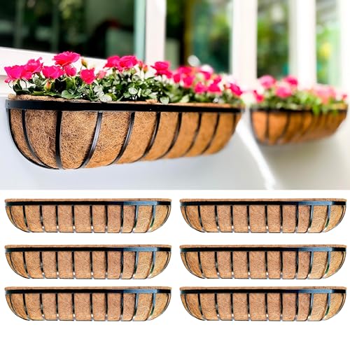 LaLaGreen Deck Railing Planter Boxes - 6 Pack, 36 Inch Long Window Flower Box Attach to House, Wall Planters for Outdoor Plants with Coco Liners English Horse Trough Fence Balcony Garden Porch Rail - size: 36" x 6