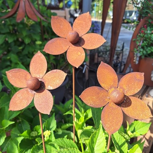 Rustic Metal Coneflower Garden Stakes, Set of 3 Rusted Iron Daisy Yard Art - color: Metallic