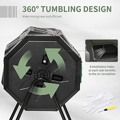 Tumbling Compost Bin Outdoor 360° Dual Chamber Rotating Composter 43 Gallon, Green