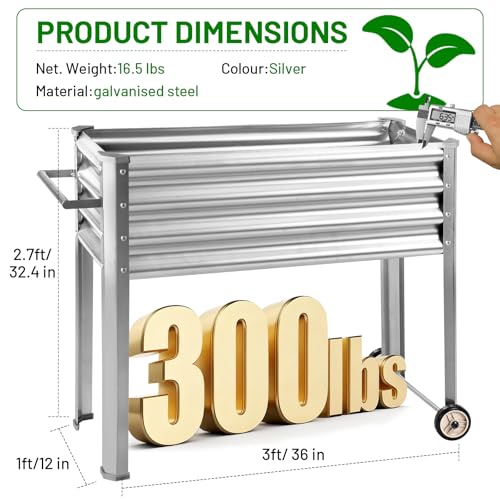 Land Guard 2 Pack Galvanized Raised Garden Bed with Legs & Wheels, 36×12×32in Metal Elevated Raised Planter Box for Backyard, Patio, Balcony, 300lb Capacity, Silver - color: Silver, size: 36×12×32in (2-Pack)