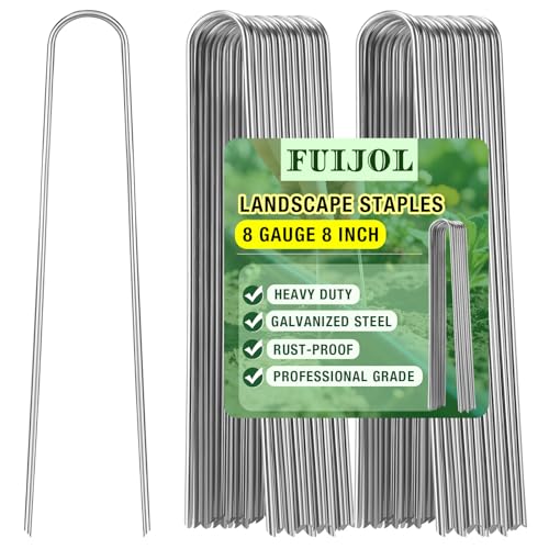 8 Gauge Landscape Staples, FUIJOL 8 Inch 15 25 50 100 Pack Heavy Duty U-Shaped Landscape Stakes, Galvanized Garden Staples for Weed Barrier Stakes, Ground Cover, Irrigation Tubing, Fence (25, 8 Inch) - size: 8inch