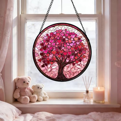 Pink Love Tree Stained Glass Window Hanging Suncatcher Gift for Women 6.3" - color: Green, size: 6.3x6.3 IN