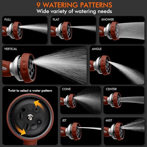 RESTMO Hose Nozzle Heavy Duty, Metal Water Hose Sprayer for Garden - color: Red, size: 9 Watering Patterns