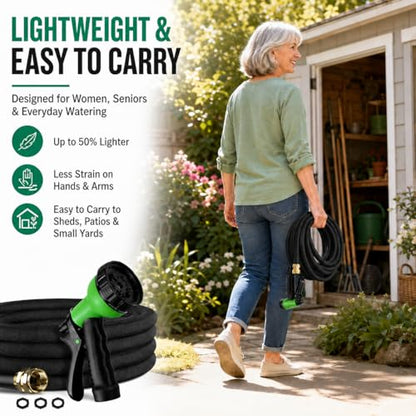 50FT Non-Expandable Flat Garden Hose with 10 Function Nozzle,No-Kink,Black - color: Black, size: 50FT