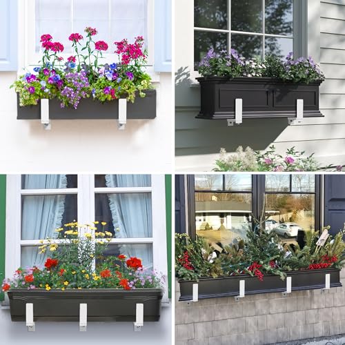 Y&M 4 Pack Adjustable Planter Box Brackets (6 to 12.5 in), Universal Window Box Brackets, Heavy Duty Iron Flower Box Wall Mounting Hooks for Balcony, Fences, Patio, and Garden - White - size: 4pcs White