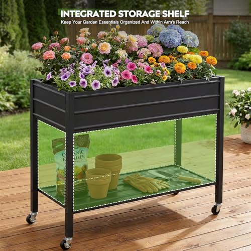 32" Tall Galvanized Raised Garden Bed with Legs Wheels & Shelf, Black - color: Black