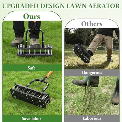 Lawn Aerator, 21 Metal Spikes, Auto Clean, Ergonomic for Yard Garden