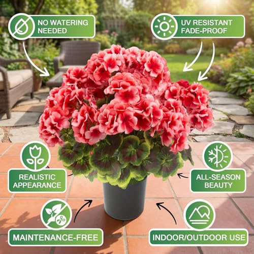 lovemoon 2 Pcs Geranium Potted Artificial Flowers, Peach, 19" - color: Peach