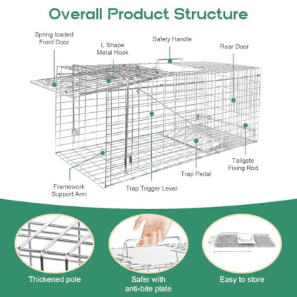 Humane Live Animal Trap Cage 32" × 13" × 11",Heavy-Duty Live Catch Cage for Raccoon, Squirrel, Stray Cats, Groundhogs, Armadillos, Opossums, Rabbits, Skunk, Mole, Small Wildlife Control - size: 32"×13"×11"