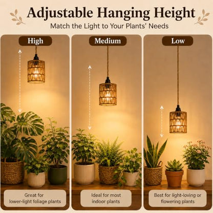 2 Pack Hanging Grow Lights for Indoor Plants Boho Rattan Plant Light