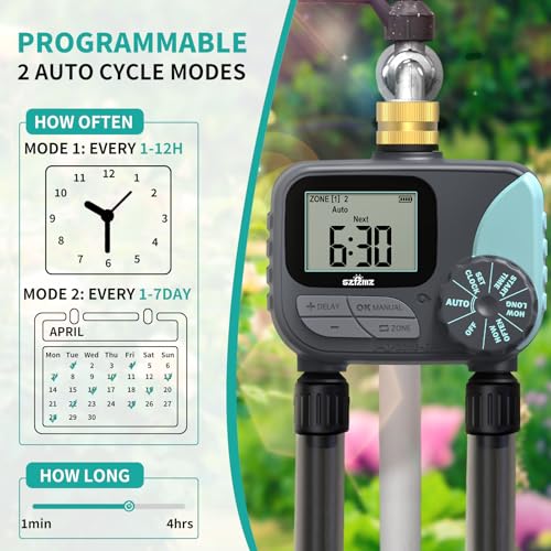 Sprinkler Timer, Water Timer for Garden Hose, Irrigation Timers Controller for Outdoor Plants Lawn, Hose Timers for Watering with Rain Delay/Manual/Automatic Watering System, Brass Inlet 2 Outlet