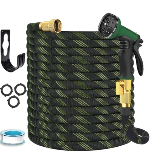Garden Hose 100 ft, Non-Expandable Flexible Water Hose with 10 Function Spray Nozzle, Lightweight, Leak Proof, Kink-Free, Portable Hose for Outdoor, Yard, Lawn, High-Density Fabric, Black Green