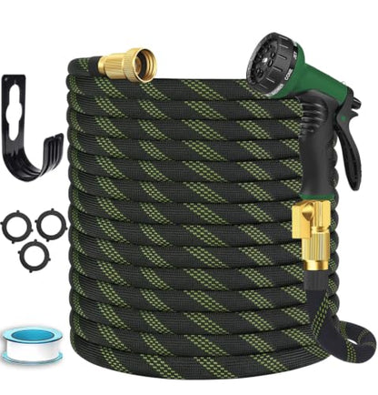 Garden Hose 100 ft, Non-Expandable Flexible Water Hose with 10 Function Spray Nozzle, Lightweight, Leak Proof, Kink-Free, Portable Hose for Outdoor, Yard, Lawn, High-Density Fabric, Black Green