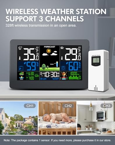 Weather Station Wireless Indoor Outdoor, Digital Thermometer with Remote Sensor, HD Home Weather Stations with Temperature Humidity, Weather Forecast, Atomic Clock, Barometric Pressure
