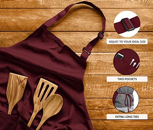 Utopia Kitchen Bib Aprons 2 Pack Adjustable With 2 Pockets - color: Burgundy