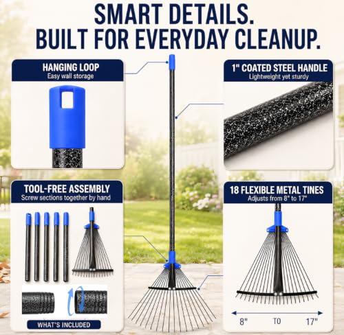 Adjustable Leaf Rake, 8-17" Collapsible Metal Head, 7FT Long Handle - size: 90 Inch