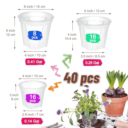 40 Pack Clear Plant Nursery Pots with Drainage 6 Size Plastic Orchid Pots - size: MIX-3 Sizes