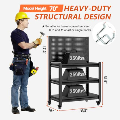 Metal Workbench, Mobile Work Table, Pegboard, 1 Pack - size: 47.2"H x 33.5"W x 18"D