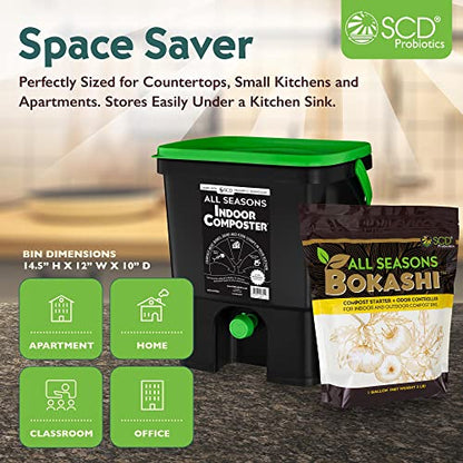 All Seasons Indoor Compost Kit, 4.4 Gal Black Organko Bin Plus 2 lb Bokashi - color: Black/Green