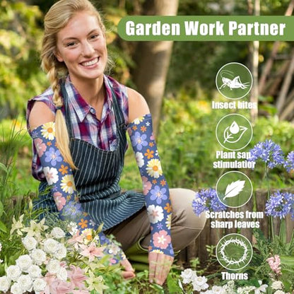 Gardening Sleeves for Women UV Sun Protection with Thumb Hole Anti-Scratch - color: Deep Blue Flower