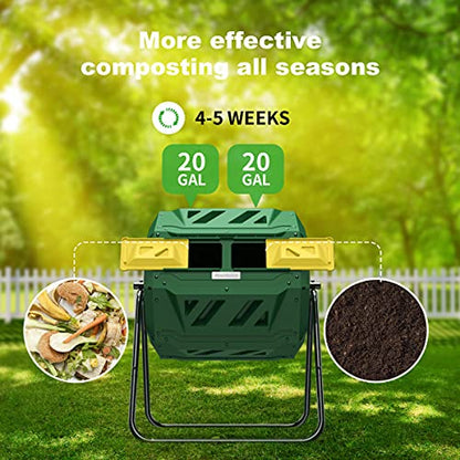 Compost Tumbler Bin Composter Dual Chamber 43 Gallon (Bundled with Pearson's Gardening Gloves) - color: Green